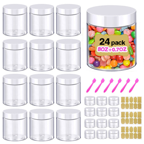 8oz + 0.7oz set of 24pcs Plastic Jars with White Lids