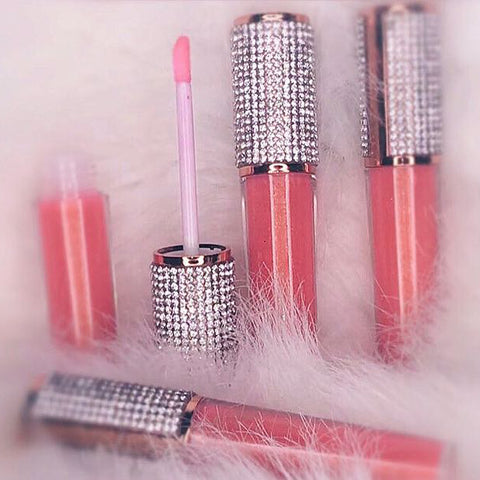 Peach pink rhinestone lip makeup